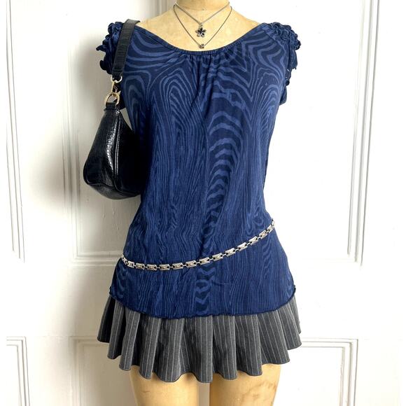 Testament Blue/Navy retro printed y2k short sleeve top with ruffled sleeves S - Picture 1 of 6
